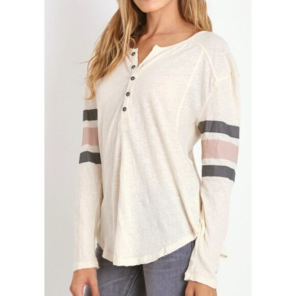 We The Free People Game Time Henley Top Long Sleeve Large Lavender Arm Stripes - Picture 8 of 14